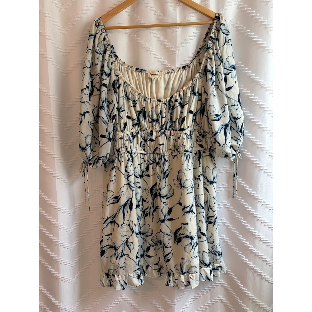 Open Edit Womens 2X Floral Smocked Empire Waist Ruffle Hem Mini Dress Blue Cream